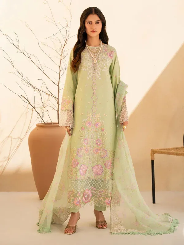 Rajbari Jahaan Premium Festive Lawn Mint Green Cotton – view 1 – Poshaq