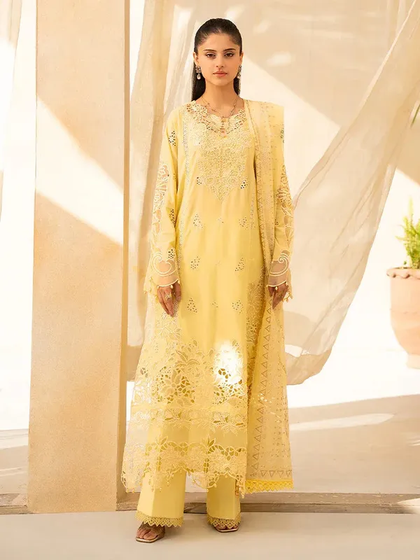 Rajbari Jahaan Premium Festive Lawn Pale Yellow Organza – view 1 – Poshaq