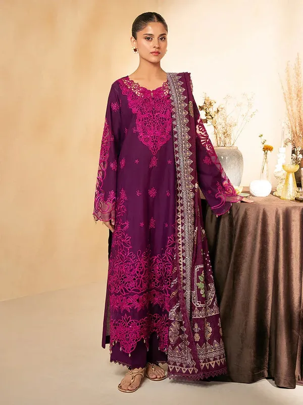 Rajbari Jahaan Premium Festive Lawn Magenta Organza – view 1 – Poshaq