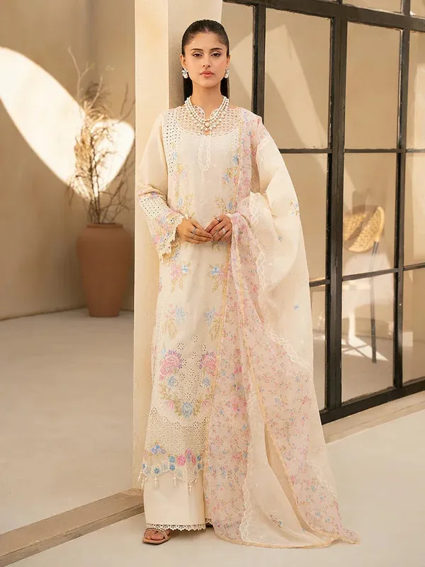 Rajbari Jahaan Premium Festive Lawn Ivory Organza – view 1 – Poshaq