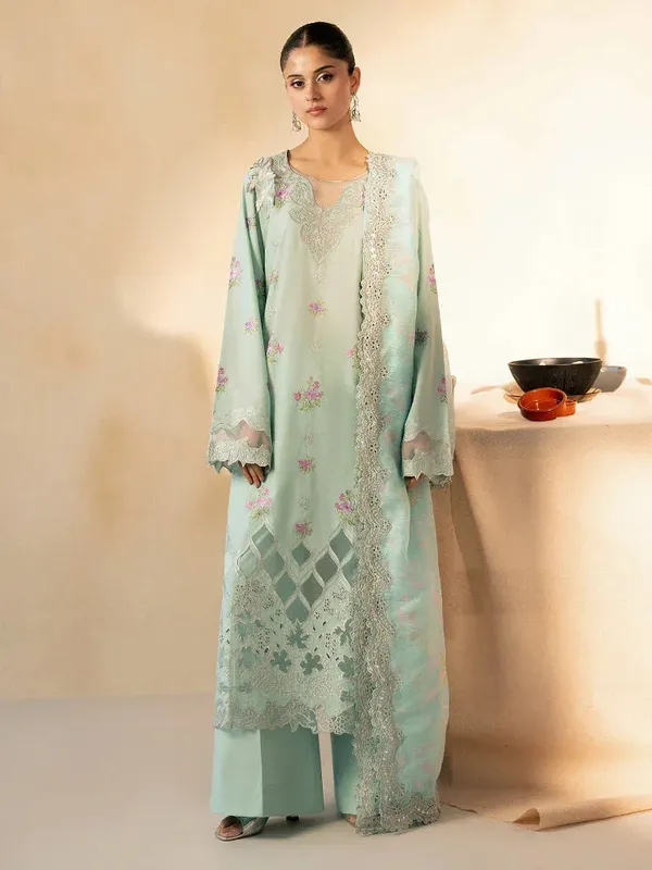Rajbari Jahaan Premium Festive Lawn Ice Blue Organza – view 1 – Poshaq
