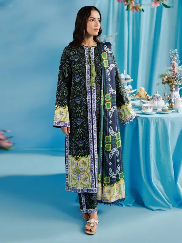 Rajbari Amal Summer Prints Exclusive Dark Green Cambric – view 1 – Poshaq