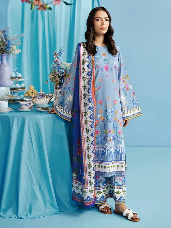 Rajbari Amal Summer Prints Exclusive Dusty Blue Cambric – view 1 – Poshaq