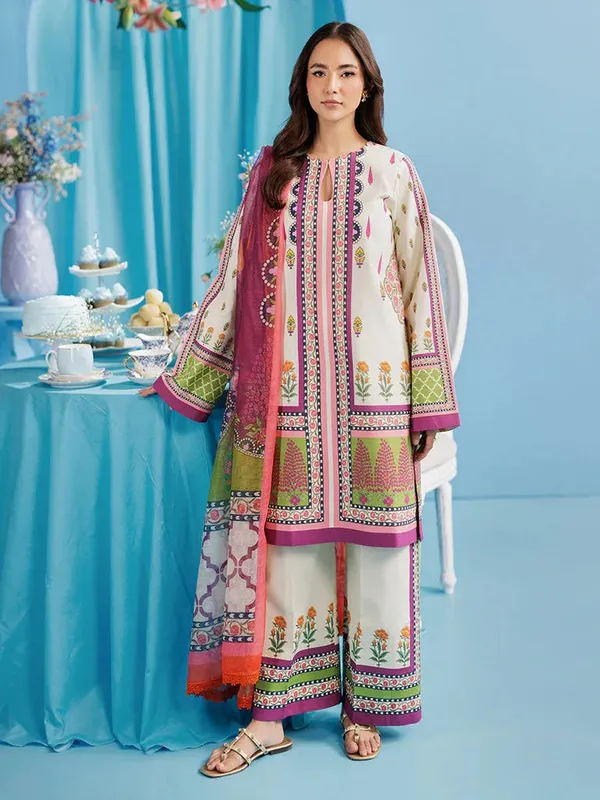 Rajbari Amal Summer Prints Exclusive White Cambric – view 1 – Poshaq
