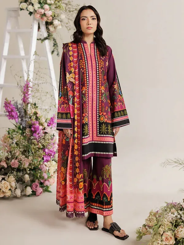 Rajbari Amal Summer Prints Exclusive Wine Berry Cambric – view 1 – Poshaq