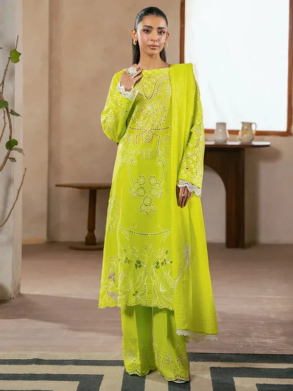 Rajbari Parisa Premium Summer Edit Parrot Green Lawn – view 1 – Poshaq