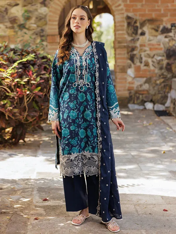 Rajbari Floral Symphony Lawn 25 Navy Blue Cotton – view 1 – Poshaq