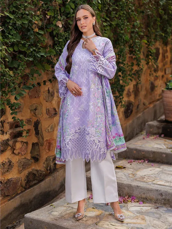 Rajbari Floral Symphony Lawn 25 Lilac Cotton – view 1 – Poshaq