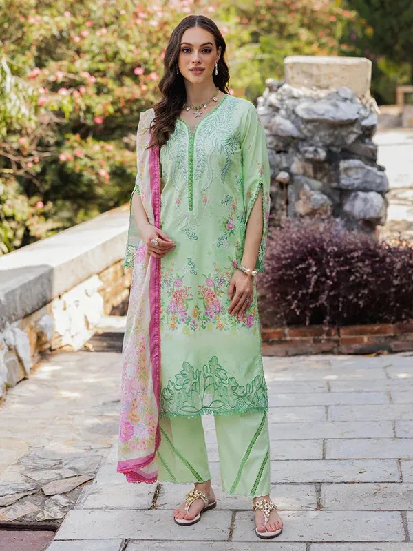 Rajbari Floral Symphony Lawn 25 Mint Green Cotton – view 1 – Poshaq