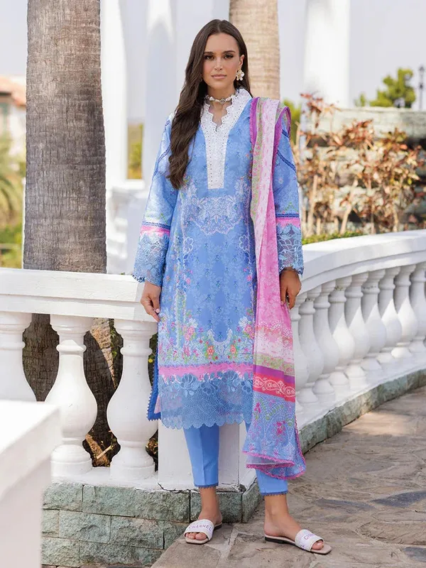 Rajbari Floral Symphony Lawn 25 Blue Cotton – view 1 – Poshaq