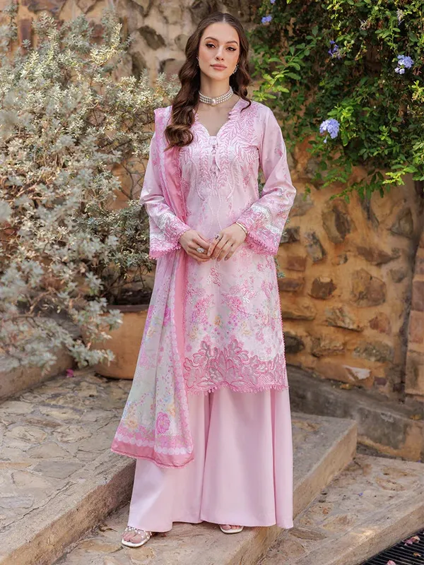 Rajbari Floral Symphony Lawn 25 Pink Cotton – view 1 – Poshaq