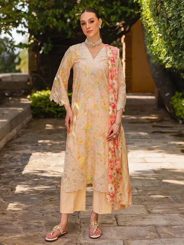 Rajbari Floral Symphony Lawn 25 Pale Peach Cotton – view 1 – Poshaq
