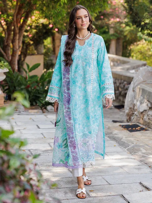 Rajbari Floral Symphony Lawn 25 Ferozi Cotton – view 1 – Poshaq