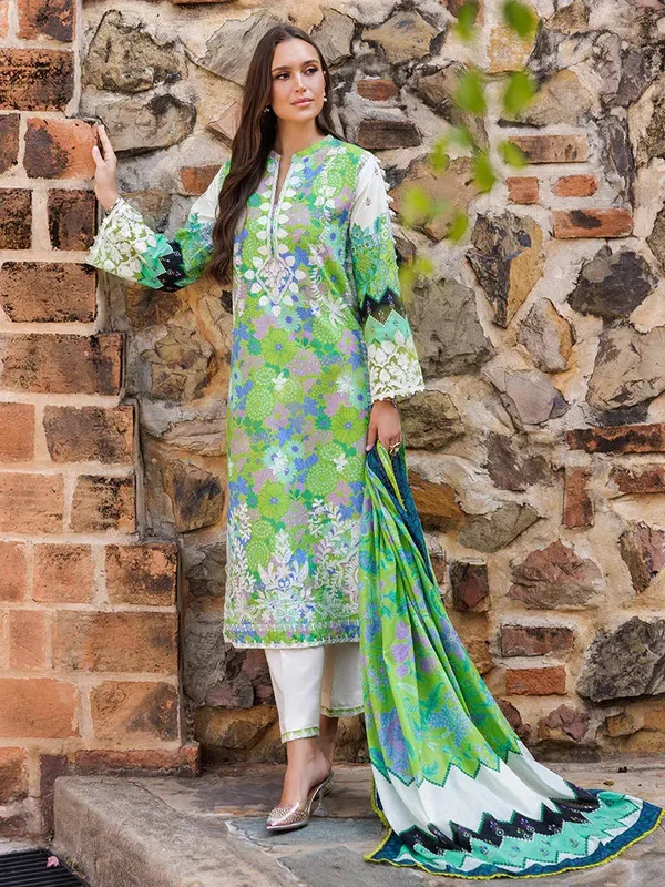 Rajbari Floral Symphony Lawn 25 Green Cotton – view 1 – Poshaq