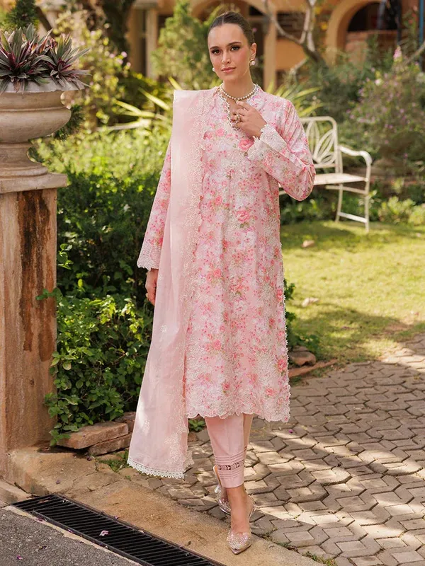 Rajbari Floral Symphony Lawn 25 Pink Cotton – view 1 – Poshaq