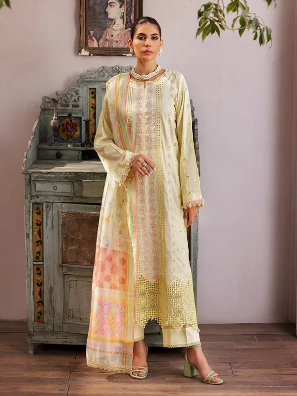 Rajbari Nissa Chikankari Edition 25 Pastel Yellow Organza – view 1 – Poshaq