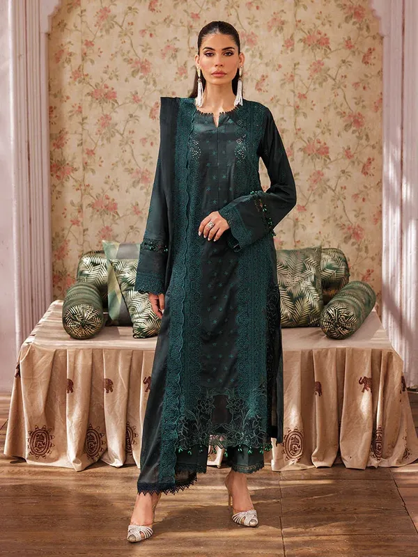 Rajbari Nissa Chikankari Edition 25 Dark Teal Green Organza – view 1 – Poshaq