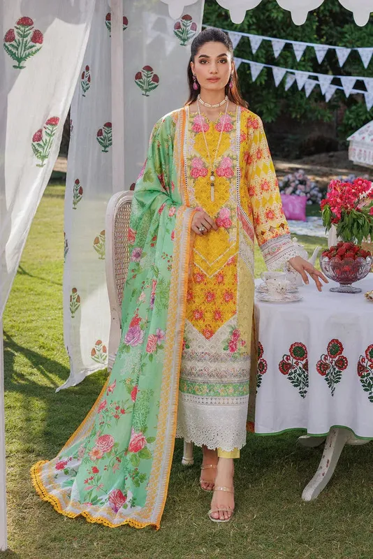 Rajbari Exclusive Printkari 2024 Yellow Organza – view 1 – Poshaq