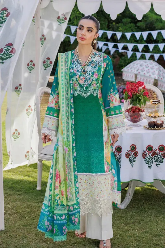 Rajbari Exclusive Printkari 2024 Green Organza – view 1 – Poshaq