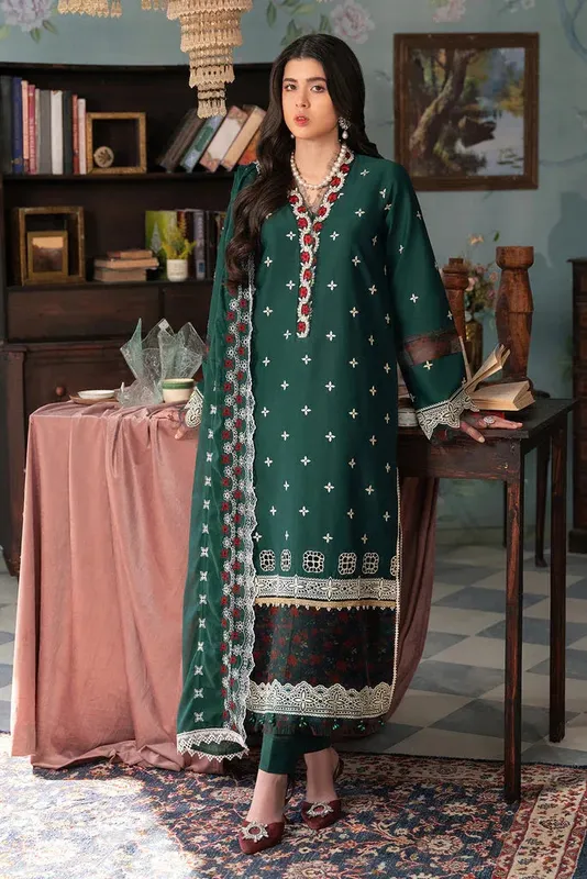 Rajbari Chikankari Edition 24 Bottle Green Organza – view 1 – Poshaq