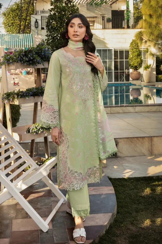Haniya embroidered lawn suit with organza border and silk dupatta – view 1 – Poshaq