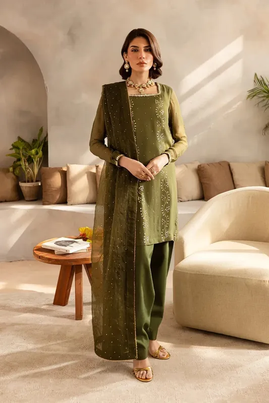 Vanya Kaya Formals Olive Green Raw Silk – view 1 – Poshaq