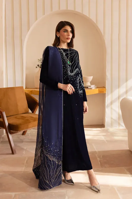 Vanya Velvet Formals 24 Navy Blue Raw Silk – view 1 – Poshaq