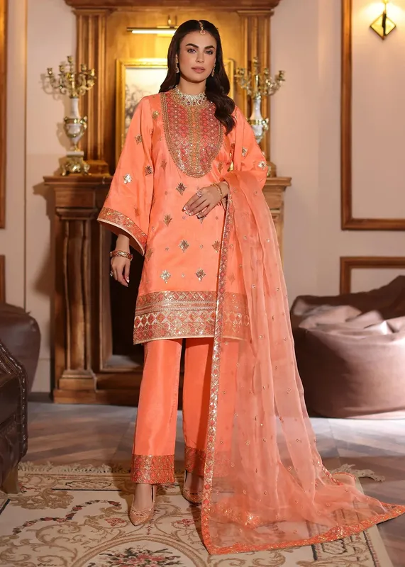 Waqas Shah Meh-E-Nur Peach Raw Silk – view 1 – Poshaq