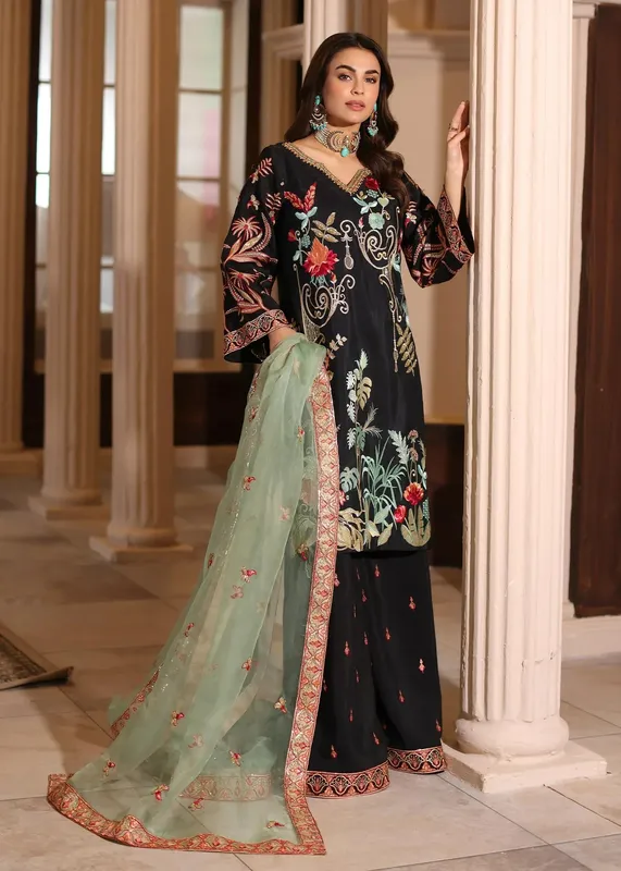 Waqas Shah Meh-E-Nur Black Raw Silk – view 1 – Poshaq