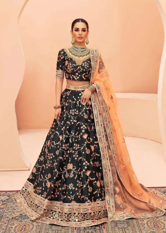 Green raw silk lehenga with embroidered choli and dupatta – view 1 – Poshaq