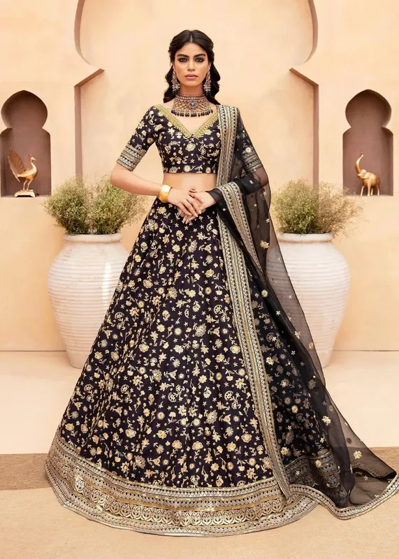 Black silk lehenga with crystal embellishments – view 1 – Poshaq