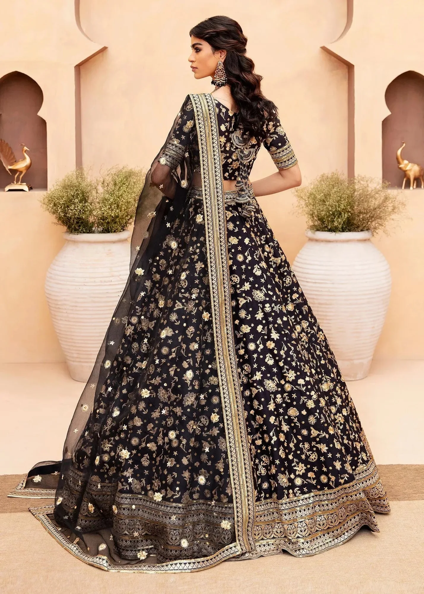 Black silk lehenga with crystal embellishments – view 2 – Poshaq