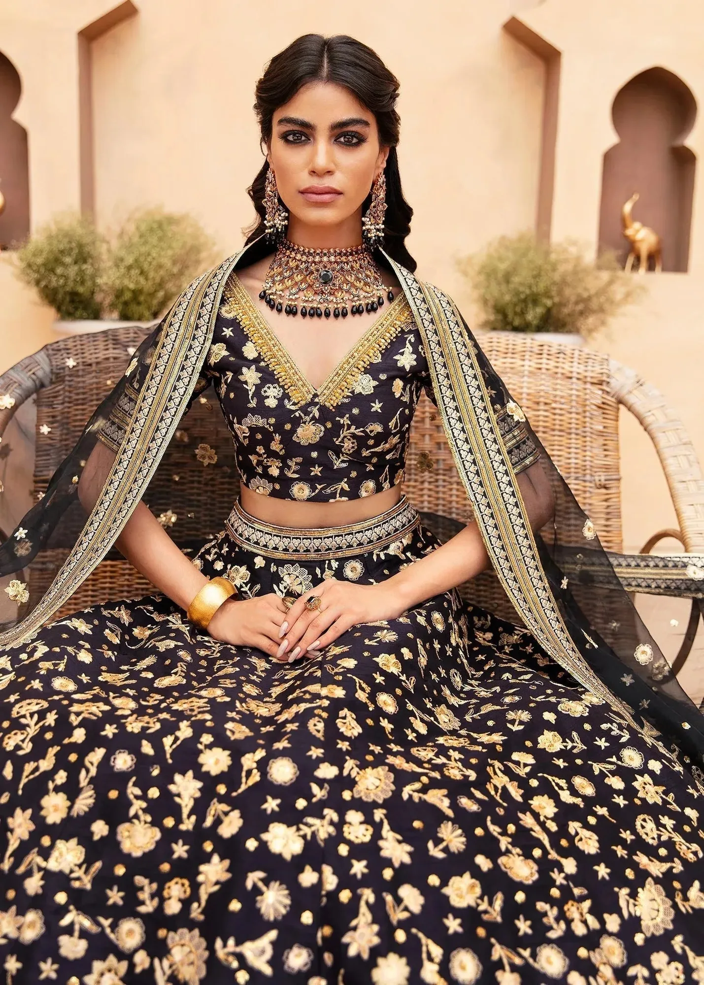 Black silk lehenga with crystal embellishments – view 3 – Poshaq