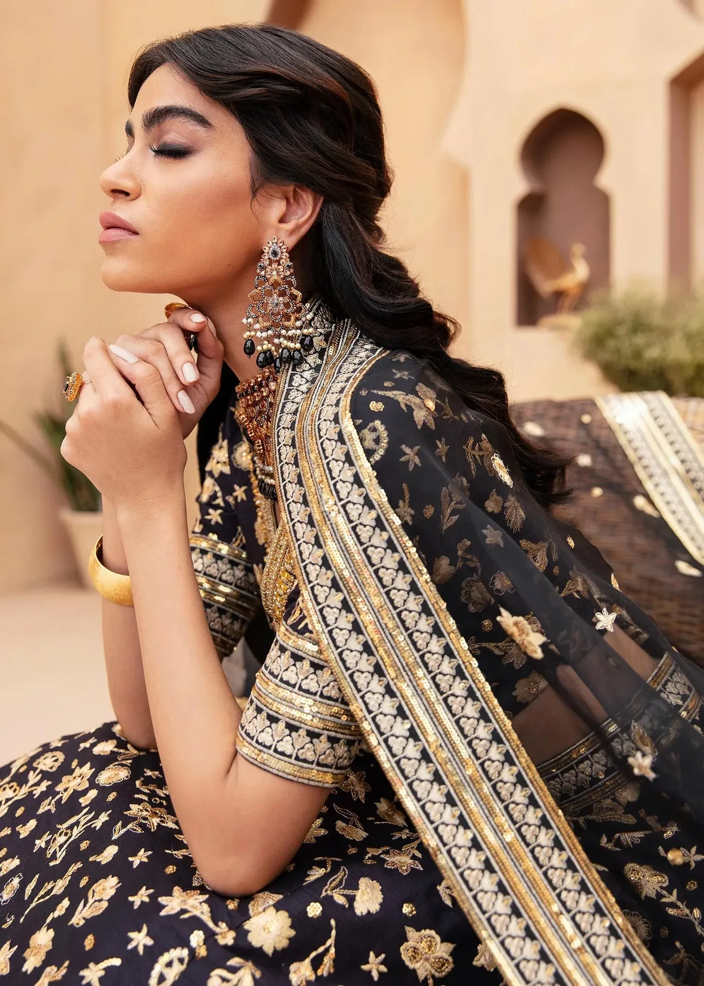 Black silk lehenga with crystal embellishments – view 4 – Poshaq