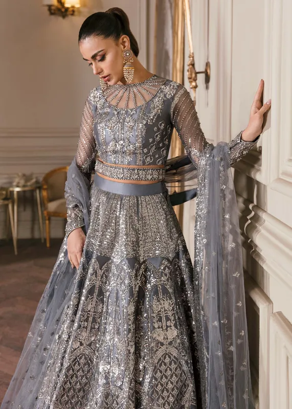 Waqas Shah Malika - E - Elizabeth Grey Net – view 1 – Poshaq