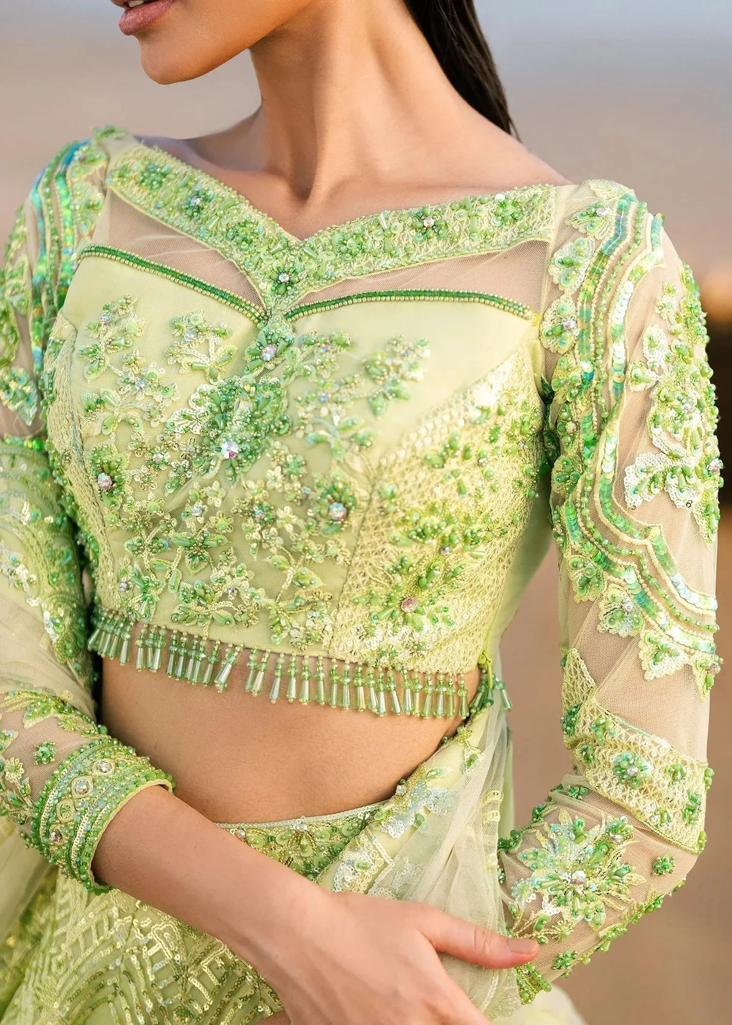 Waqas Shah Amariage Luxury Formals Neon Mint Net – view 3 – Poshaq