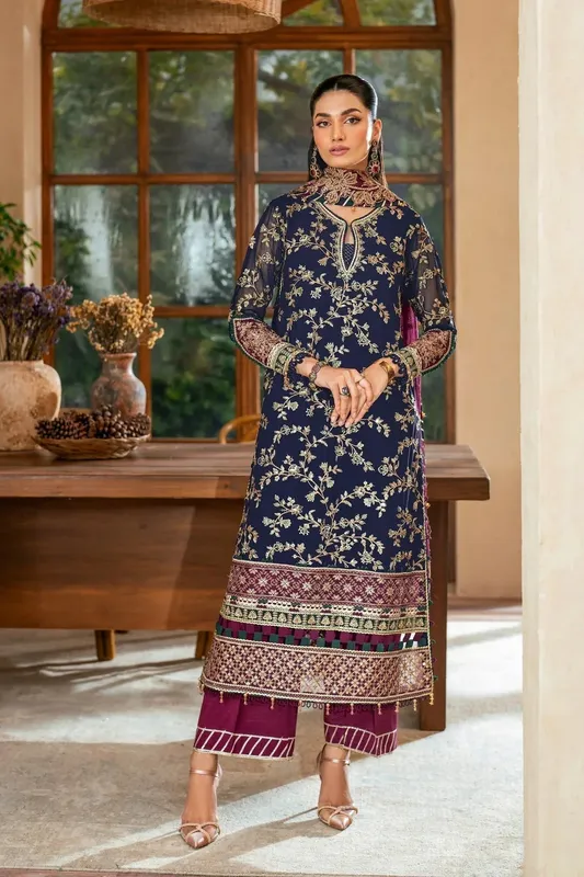 Xenia Formals Niran Formals Dark Blue Chiffon – view 1 – Poshaq