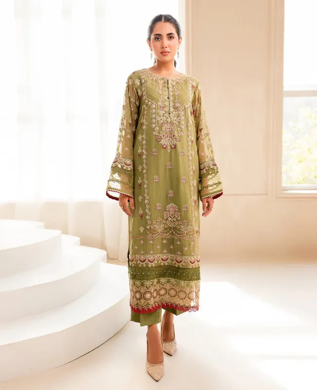 Xenia Formals Ready To Wear Dresses Green Raw Silk – view 1 – Poshaq