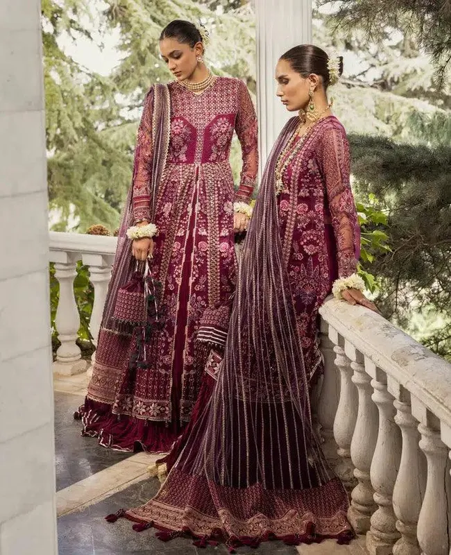 Xenia Formals Zahra Luxury Formals 23 Maroon Net – view 1 – Poshaq