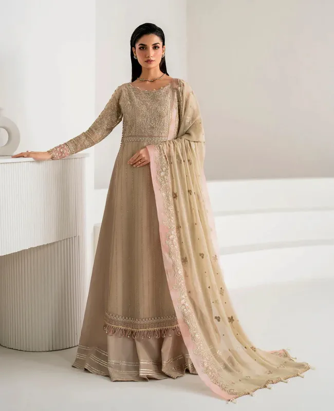 Xenia Formals Raahi Luxury Formals Beige Raw Silk – view 1 – Poshaq