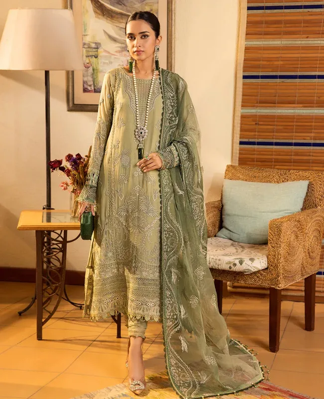 Xenia Formals Raahi Luxury Formals Green Organza – view 1 – Poshaq