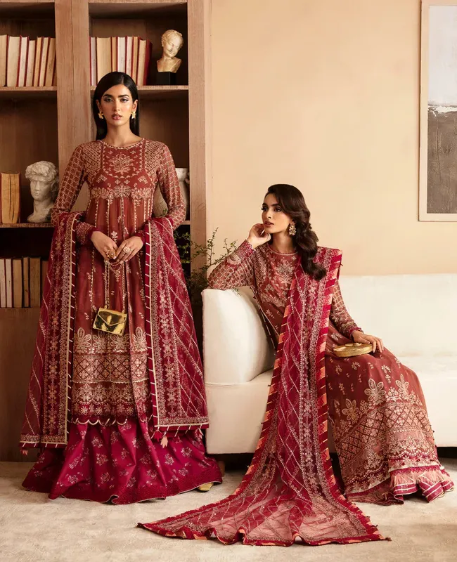 Xenia Formals Raahi Luxury Formals Maroon Chiffon – view 1 – Poshaq