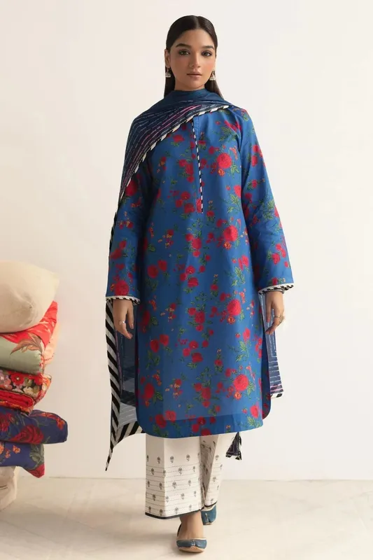 Zara Shahjahan Coco Prints 24 Blue Silk – view 1 – Poshaq