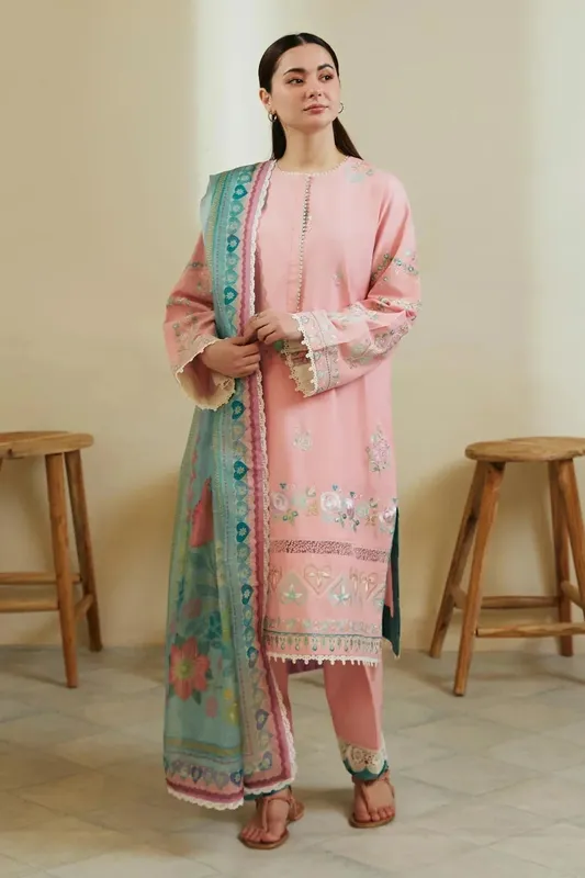Zara Shahjahan Coco Lawn 24 Pink Jacquard – view 1 – Poshaq