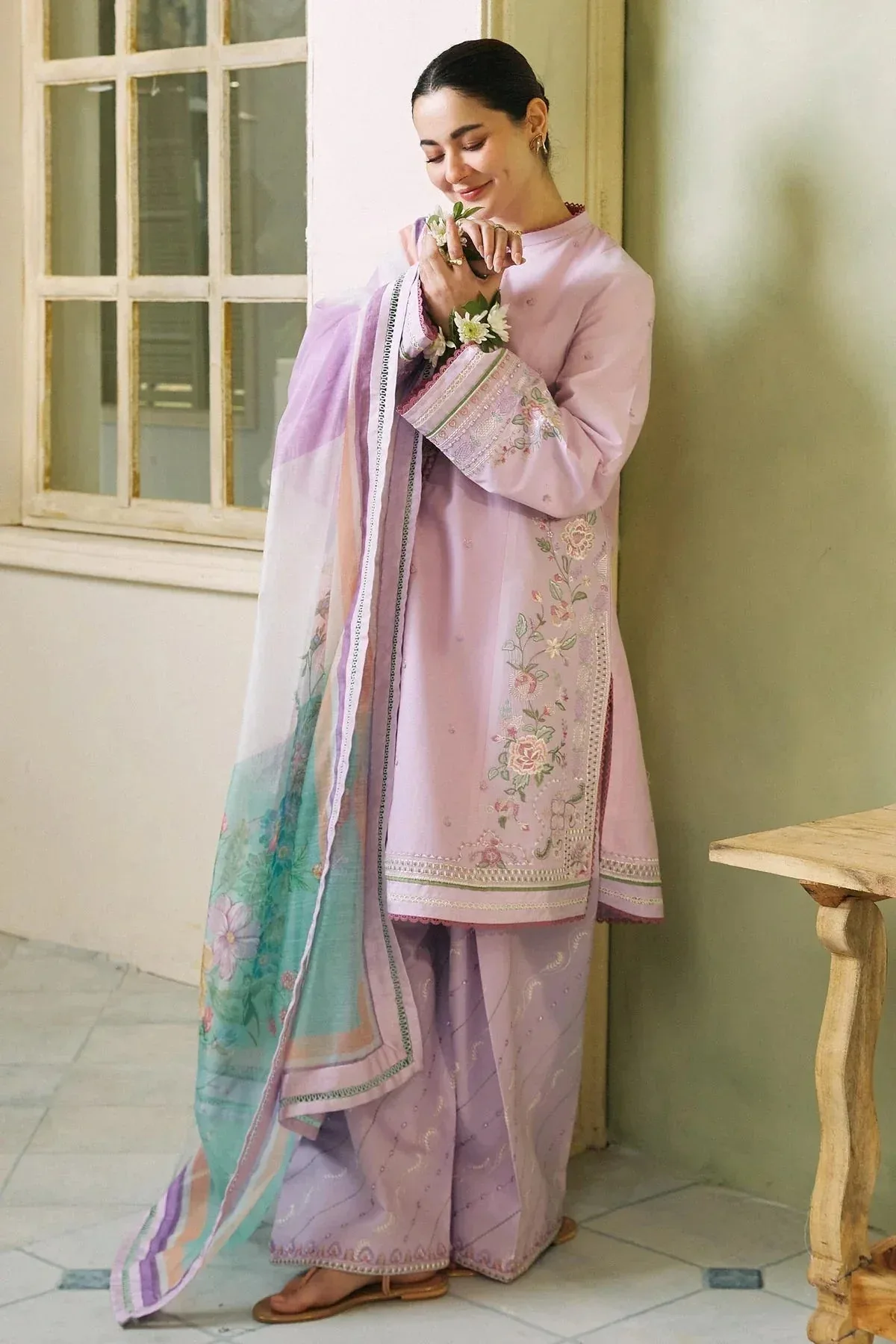 Lilac three‑piece lawn suit with embroidered shirt, trousers and dupatta – view 1 – Poshaq