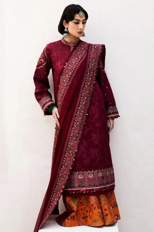 Zara Shahjahan Luxury Lawn 24 Maroon Georgette – view 1 – Poshaq