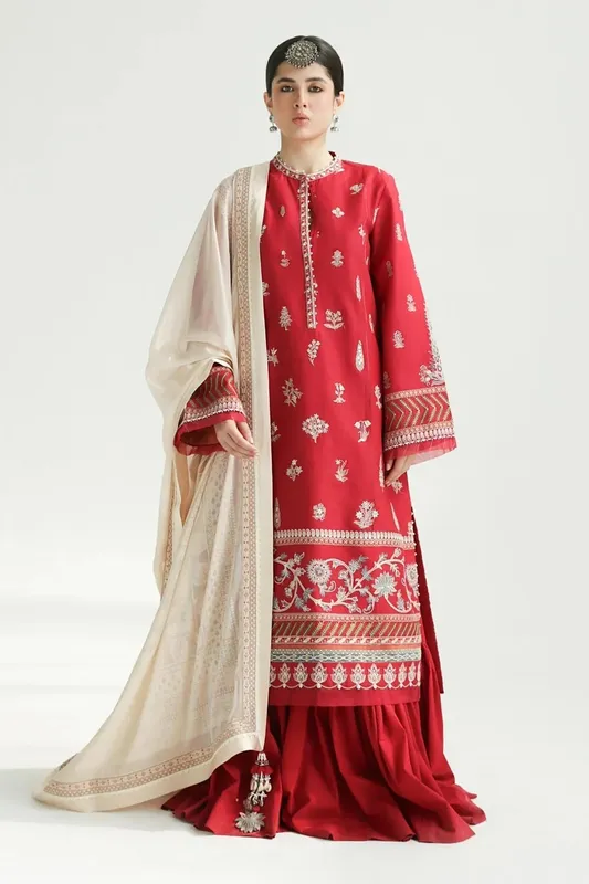 Zara Shahjahan Luxury Lawn 24 Red Organza – view 1 – Poshaq