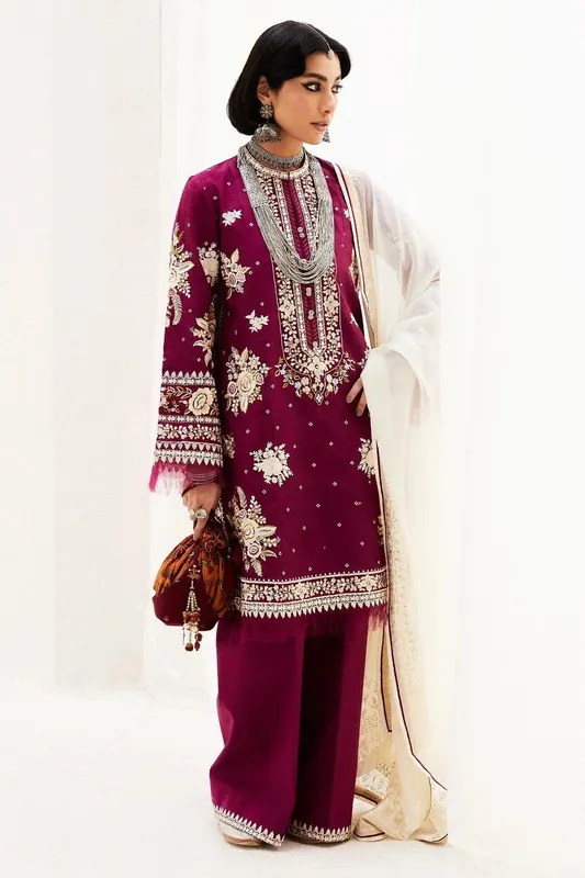 Zara Shahjahan Luxury Lawn 24 Maroon Jacquard – view 1 – Poshaq