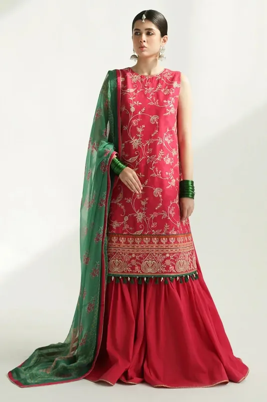 Zara Shahjahan Luxury Lawn 24 Red Jacquard – view 1 – Poshaq