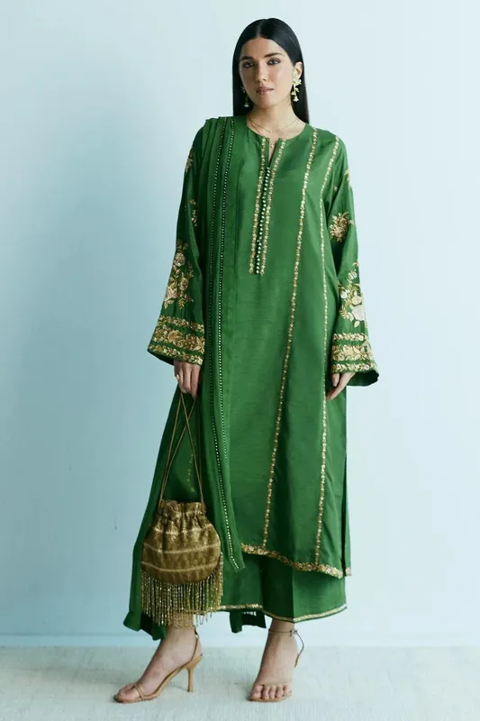 Zara Shahjahan Festive Eid 24 Green Georgette – view 1 – Poshaq